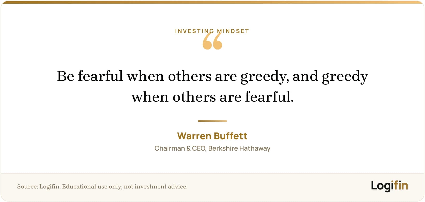 Warren Buffett quote to be fearful when others are greedy and greedy when others are fearful, on a Logifin branded card