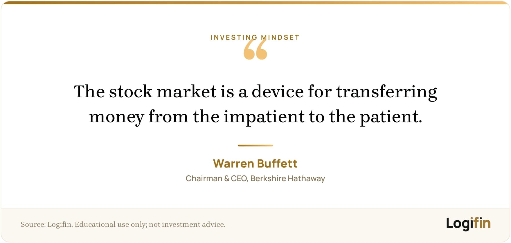 Warren Buffett quote on patience in investing: the stock market transfers money from the impatient to the patient, on a Logifin branded card
