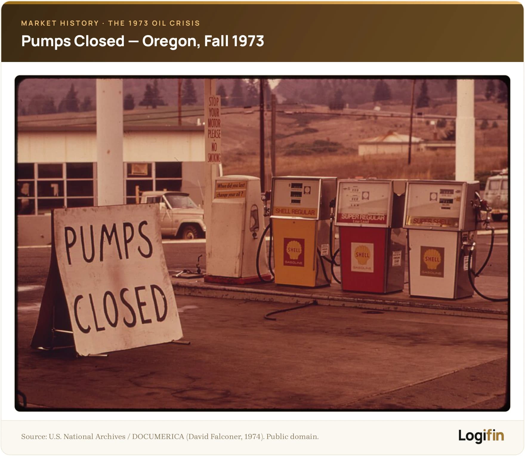 Pumps Closed sign at an Oregon gas station during the 1973 oil crisis; vintage Shell pumps shut during the fuel shortage.